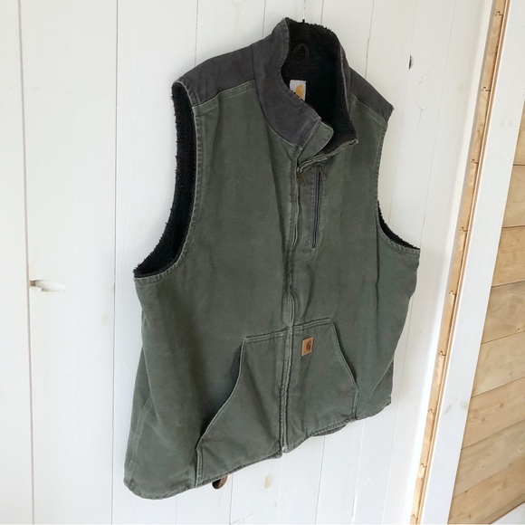 Carhartt Vest Jacket Size 2XL Tall Green Full Zip Sherpa Lined Work Wear 2 Tone - Picture 2 of 8